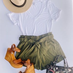Women's Linen High Waist Paperbag Shorts - Olive